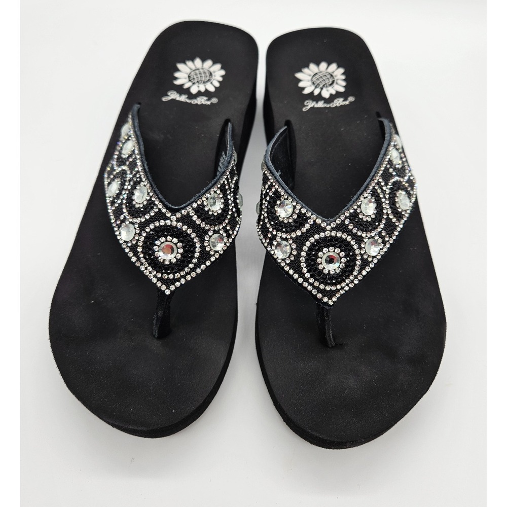 Yellow‎ Box Power Black Rhinestone Wedge Flip Flops Platform Sandals Womens 6.5